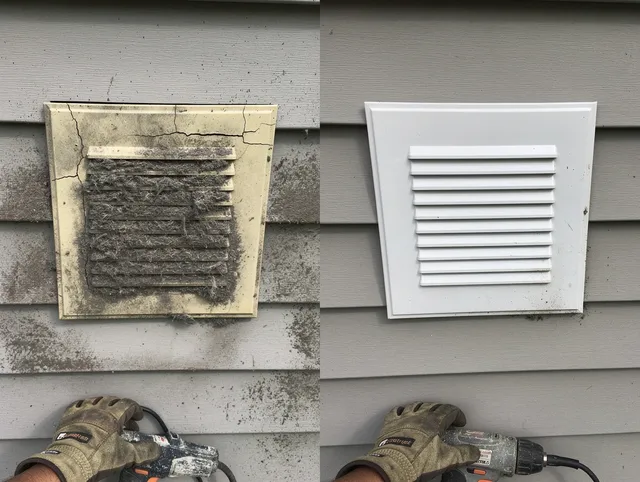 Port Charlotte Dryer Vent Cleaning technician installing high-quality dryer vent cover at a residential property in Port Charlotte